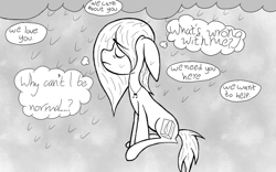 Size: 641x401 | Tagged: safe, artist:script singer, imported from derpibooru, oc, oc only, oc:script singer, earth pony, pony, black and white, grayscale, monochrome, rain, solo, vent art