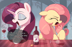 Size: 3335x2179 | Tagged: safe, artist:nookprint, imported from derpibooru, fluttershy, rarity, pegasus, pony, unicorn, alcohol, bottle, coughing, dialogue, duo, eyes closed, eyeshadow, female, floppy ears, gagging, glass, implied berry punch, levitation, magic, makeup, mare, open mouth, open smile, painfully innocent fluttershy, red wine, smiling, speech bubble, telekinesis, wine, wine bottle, wine glass