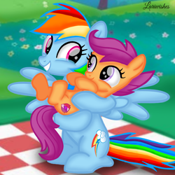 Size: 1400x1400 | Tagged: safe, artist:mlplary6, imported from derpibooru, rainbow dash, scootaloo, pegasus, pony, carrying, crying, cute, cutealoo, daaaaaaaaaaaw, dashabetes, female, filly, foal, looking at each other, looking at someone, mare, picnic blanket, scootalove, sibling love, siblings, sisters, sitting, smiling, smiling at each other, tears of joy