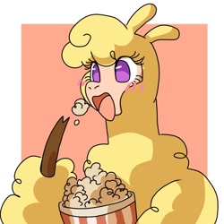 Size: 1080x1080 | Tagged: safe, artist:malt cat, imported from derpibooru, alpaca, them's fightin' herds, blushing, cloven hooves, community related, eating, female, fluffy, food, open mouth, paprika (tfh), popcorn, solo