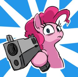 Size: 459x455 | Tagged: safe, artist:jargon scott, imported from derpibooru, pinkie pie, earth pony, pony, bust, delet this, dexterous hooves, female, frown, gun, handgun, hoof hold, looking at you, mare, pistol, solo