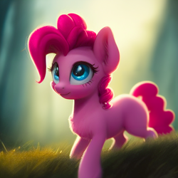 Size: 1024x1024 | Tagged: safe, imported from derpibooru, pinkie pie, earth pony, pony, ai content, ai generated, blushing, chest fluff, cute, diapinkes, ear fluff, female, generator:stable diffusion, grass, looking up, mare, missing cutie mark, solo