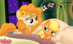 Size: 1200x720 | Tagged: safe, artist:mlplary6, imported from derpibooru, applejack, pear butter, earth pony, pony, bed, best mom ever, cute, female, filly, filly applejack, foal, jackabetes, lying down, mare, mother and child, mother and daughter, pearabetes, younger