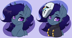 Size: 3648x1923 | Tagged: safe, artist:witchtaunter, imported from derpibooru, oc, oc only, oc:cloudy rainbow, pegasus, pony, blackmore, bust, chest fluff, clothes, commission, ear fluff, female, jojo's bizarre adventure, looking at you, mare, mask, pegasus oc, portrait, shoulder fluff, simple background, smiling, smiling at you, solo, wings