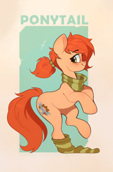 Size: 1384x2107 | Tagged: safe, artist:rexyseven, imported from derpibooru, oc, oc only, oc:rusty gears, earth pony, pony, alternate hairstyle, clothes, earth pony oc, female, mare, ponytail, rearing, scarf, sock, socks, solo, striped scarf, striped socks