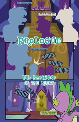 Size: 1920x2948 | Tagged: safe, artist:alexdti, imported from derpibooru, spike, oc, oc:brainstorm (alexdti), oc:purple creativity, oc:star logic, dragon, pony, comic:quest for friendship, comic, dialogue, door, high res, male, onomatopoeia, sound effects, speech bubble, twilight's castle, winged spike, wings