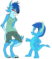 Size: 1247x1411 | Tagged: safe, artist:ponygamer2020, imported from derpibooru, oc, oc only, oc:frosty, oc:frosty the dragon, anthro, demon, dragon, hellhound, anthro oc, chest fluff, clothes, counterparts, dragon oc, duo, furry, furry oc, hair, hazbin hotel, helluva boss, horn, nails, non-pony oc, pants, paws, pentagram, self dragondox, self paradox, shirt, shocked, shocked expression, simple background, t-shirt, tail, transparent background, vector