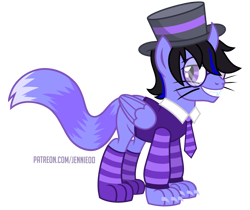 Size: 1000x838 | Tagged: safe, artist:jennieoo, imported from derpibooru, oc, oc only, oc:lightning shadow, original species, claws, clothes, costume, cylinder, fangs, glasses, halloween, halloween costume, looking at you, necktie, paws, simple background, smiling, smiling at you, socks, solo, stockings, striped socks, tail, thigh highs, transparent background