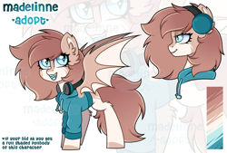 Size: 2368x1600 | Tagged: safe, artist:madelinne, imported from derpibooru, oc, oc only, bat pony, adoptable, adoptable open, adoption, bat pony oc, bust, clothes, color palette, full body, happy, headphones, hoodie, portrait, reference sheet, simple background, solo, zoom layer