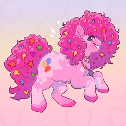 Size: 1192x1192 | Tagged: safe, artist:lilfairyartistt, imported from derpibooru, pinkie pie, earth pony, pony, abstract background, afro, alternate design, alternate hairstyle, gradient background, grin, mottled coat, pink hair, pink tail, smiling, solo, tail, teeth