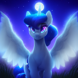 Size: 1024x1024 | Tagged: safe, imported from derpibooru, princess luna, alicorn, pony, ai content, ai generated, female, mare, moon, smiling, solo, spread wings, starry eyes, wingding eyes, wings