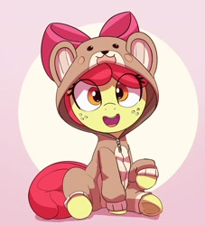 Size: 2118x2336 | Tagged: safe, artist:pabbley, imported from derpibooru, apple bloom, earth pony, pony, adorabloom, animal costume, bear costume, clothes, costume, cute, daaaaaaaaaaaw, female, filly, foal, freckles, high res, kigurumi, looking at you, open mouth, open smile, sitting, smiling, smiling at you, solo, underhoof