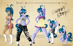 Size: 4606x2952 | Tagged: safe, artist:the-black-terror, imported from derpibooru, oc, anthro, earth pony, human, semi-anthro, unguligrade anthro, anthro chart, anthro with ponies, clothes, dark skin, dress, earth pony oc, humanized, leotard, raised leg, smiling