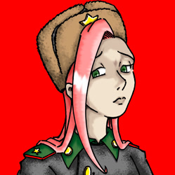 Size: 1308x1311 | Tagged: safe, artist:taekwon-magic, imported from derpibooru, fluttershy, human, bust, clothes, female, hat, humanized, red background, simple background, solo, soviet union, uniform, ushanka