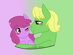 Size: 1221x920 | Tagged: safe, edit, imported from derpibooru, berry punch, berryshine, wensley, earth pony, blushing, cropped, female, gradient background, male, mare, one eye closed, shipping, stallion, straight, wenshine, wink