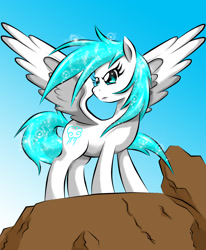 Size: 1654x2008 | Tagged: safe, artist:taekwon-magic, imported from derpibooru, oc, pegasus, pony, cliff, eyelashes, female, looking at something, mare, outdoors, pegasus oc, solo, spread wings, wings