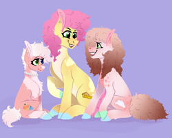 Size: 1280x1024 | Tagged: safe, artist:periwinklechick, imported from derpibooru, li'l cheese, oc, oc:crème puff, oc:peaches à la mode, earth pony, pony, the last problem, chest fluff, colored hooves, jewelry, necklace, nonbinary, offspring, parent:cheese sandwich, parent:pinkie pie, parents:cheesepie, pearl necklace, purple background, siblings, simple background, sitting, smiling, trio