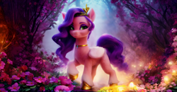 Size: 3328x1728 | Tagged: safe, imported from derpibooru, pipp petals, pegasus, pony, adorapipp, ai assisted, ai content, colored wings, crown, cute, detailed background, eyebrows, eyelashes, eyeshadow, female, flower, folded wings, forest, forest background, g5, gilded hooves, glowing, high res, hoof fluff, jewelry, looking at you, makeup, mare, prompter:saphkey, raised hoof, regalia, smiling, solo, standing, the quality of ai art is frightening, tiara, wallpaper, wings