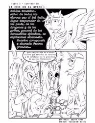 Size: 2551x3295 | Tagged: safe, artist:taekwon-magic, imported from derpibooru, oc, oc only, alicorn, pony, alicorn oc, clothes, dialogue, fanfic art, horn, lineart, male, monochrome, royal guard, spanish, stallion, traditional art, wings