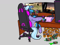 Size: 1600x1200 | Tagged: safe, artist:amendokat, imported from derpibooru, trixie, pony, unicorn, alternate hairstyle, babysitter trixie, chair, clothes, computer, computer desk, computer mouse, desk, female, floppy horn, gamer, gamer girl, gaming, gaming headset, half-life, half-life 2, headphones, headset, hoodie, horn, keyboard, mare, monitor, mountain dew, mousepad, office chair, pc, pee in container, pigtails, sitting, socks, solo, urine