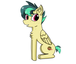 Size: 975x828 | Tagged: safe, artist:nismorose, imported from derpibooru, oc, oc:apogee, pegasus, chest fluff, ear fluff, eye clipping through hair, eye lashes, female, filly, fluffy, foal, freckles, grin, pegasus oc, short tail, simple background, sitting, smiling, spiky hair, tail, white background, wings