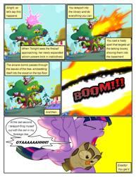 Size: 612x792 | Tagged: safe, artist:newbiespud, edit, edited screencap, imported from derpibooru, screencap, owlowiscious, twilight sparkle, alicorn, bird, owl, pony, comic:friendship is dragons, twilight's kingdom, blast, building, comic, dialogue, explosion, female, fire, flying, magic, magic beam, magic blast, mare, outdoors, screencap comic, twilight sparkle (alicorn)