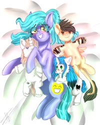 Size: 864x1080 | Tagged: safe, artist:ddsmk12, imported from derpibooru, oc, oc:kate, earth pony, pegasus, pony, unicorn, earth pony oc, happy, hug, looking at you, lying down, plushie, pony plushie, solo