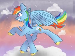 Size: 1440x1080 | Tagged: safe, artist:flower-black, imported from derpibooru, rainbow dash, pegasus, pony, backwards cutie mark, cloud, eyebrows, eyebrows visible through hair, female, flying, grin, mare, rain, sky, smiling, solo, spread wings, wings