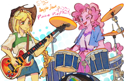 Size: 2728x1798 | Tagged: safe, artist:岚什么北, imported from derpibooru, applejack, pinkie pie, human, equestria girls, bass guitar, drum kit, drums, duo, guitar, musical instrument, simple background, white background