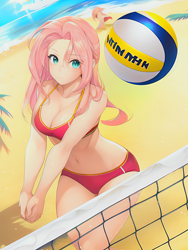 Size: 1020x1360 | Tagged: safe, imported from derpibooru, fluttershy, human, ai content, ai generated, beach, bikini, breasts, busty fluttershy, cleavage, clothes, generator:novelai, generator:stable diffusion, hands together, humanized, midriff, ocean, palm tree, prompter:sammykun, red bikini, red swimsuit, reference used, sky, sports, swimsuit, tree, volleyball, volleyball net, water