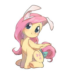 Size: 1471x1558 | Tagged: safe, artist:酒饼叶, imported from derpibooru, fluttershy, pegasus, pony, blushing, bow, bunny ears, bunnyshy, cute, eye clipping through hair, female, folded wings, looking at you, mare, shyabetes, simple background, sitting, smiling, solo, tail, tail bow, transparent background, wings
