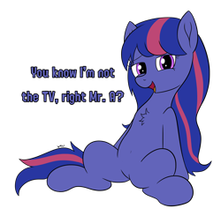 Size: 2754x2700 | Tagged: safe, artist:wapamario63, imported from ponybooru, twilight sparkle, oc, oc only, oc:twilit starsky, earth pony, pony, bootleg, bootleg pony, bootleg waifu, chest fluff, cute, dialogue, female, looking at you, mare, nudity, simple background, sitting, solo, transparent background