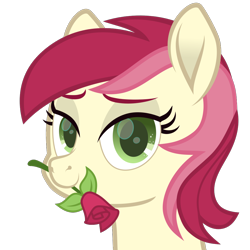 Size: 1000x1000 | Tagged: safe, alternate version, artist:lincolnbrewsterfan, derpibooru exclusive, imported from derpibooru, roseluck, earth pony, pony, derpibooru, derpibooru community collaboration, .svg available, a rose for you, bust, colored eyebrows, colored pupils, derpibooru badge, female, flower, flower in mouth, green eyes, inkscape, lidded eyes, looking at you, mare, meta, mouth hold, movie accurate, rose, rose in mouth, simple background, solo, svg, transparent background, vector