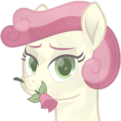 Size: 1000x1000 | Tagged: safe, alternate version, artist:lincolnbrewsterfan, derpibooru exclusive, imported from derpibooru, roseluck, crystal pony, pony, derpibooru, derpibooru community collaboration, .svg available, a rose for you, alternate hairstyle, bust, colored eyebrows, colored pupils, crystalline, crystallized, curly mane, derpibooru badge, female, flower, flower in mouth, green eyes, inkscape, lidded eyes, looking at you, mare, meta, mouth hold, movie accurate, rose, rose in mouth, simple background, smiling, smiling at you, solo, svg, transparent background, vector