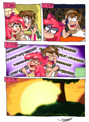 Size: 2088x2872 | Tagged: safe, artist:ringteam, imported from ponybooru, apple bloom, pipsqueak, princess luna, apple bloom is not amused, comic, fanboy, female, hill, male, older, older apple bloom, older pipsqueak, shipping, singing, straight, sunset, tree, unamused