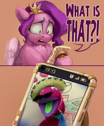 Size: 2500x3030 | Tagged: safe, artist:jewellier, edit, edited screencap, editor:awkward segway, imported from derpibooru, screencap, pipp petals, señor huevos, pegasus, pony, make new friends but keep discord, cellphone, chest fluff, female, g5, hoof hold, irl, live action, mare, meme, phone, photo, pinpoint eyes, pipp petals is not amused, shocked, shocked expression, shocked pipp meme, sock puppet, speech, talking, unamused