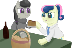 Size: 3000x2000 | Tagged: safe, artist:squishment, bon bon, octavia melody, sweetie drops, earth pony, alternate hairstyle, background removed, clothes, high res, older, ponytail