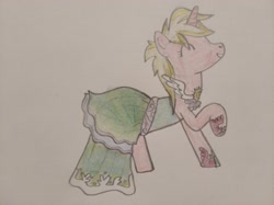 Size: 4032x3016 | Tagged: safe, artist:jakusi, sunshine smiles, pony, unicorn, clothes, dress, eyes closed, female, happy, mare, shoes, traditional art