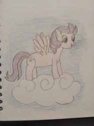 Size: 3016x4032 | Tagged: safe, artist:jakusi, clear skies, pegasus, pony, cloud, female, happy, mare, sky, standing on a cloud, traditional art