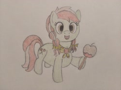 Size: 4032x3016 | Tagged: safe, artist:jakusi, candy apples, apple, apple family member, bow, braid, braided pigtails, candy apple (food), food, hair bow, happy, looking at you, neckerchief, offering, open mouth, traditional art