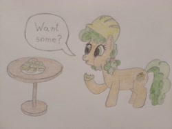 Size: 4032x3016 | Tagged: safe, artist:jakusi, apple brown betty, pony, apple family member, apple fritter (food), eating, female, food, hard hat, mare, pigtails, plate, speech bubble, table, text, traditional art