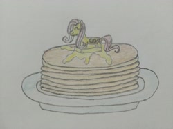 Size: 4032x3016 | Tagged: safe, artist:jakusi, fluttershy, pegasus, pony, 4chan, butter, drawthread, eyes closed, female, flutterbutter, folded wings, food, happy, mare, pancakes, plate, solo, tiny, tiny ponies, traditional art, wings