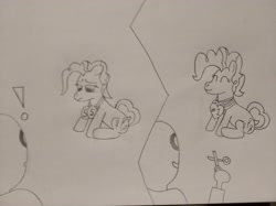 Size: 4032x3016 | Tagged: safe, artist:jakusi, oc, oc:anon, 2 panel comic, comic, exclamation point, eyes closed, happy, heart, looking down, medal, miss /mlp/, miss /mlp/ 2021, sad, scissors, sitting, traditional art