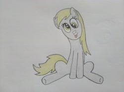 Size: 4032x3016 | Tagged: safe, artist:jakusi, derpy hooves, pegasus, :p, cross-eyed, cute, female, head tilt, mare, sitting, tongue out, traditional art