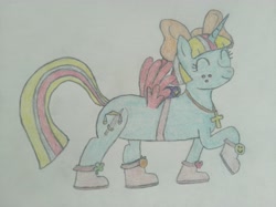 Size: 4032x3016 | Tagged: safe, artist:jakusi, oc, oc:terri softmare, alicorn, pony, 4chan, alicorn oc, backpack, boots, bow, clover, cross, eyes closed, female, food, four leaf clover, freckles, hair bow, happy, heart, horn, jewelry, lifted leg, mare, necklace, orange, shoes, smiley face, templeos, traditional art, wings