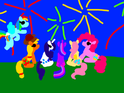 Size: 2000x1500 | Tagged: safe, artist:jakusi, applejack, fluttershy, pinkie pie, rainbow dash, rarity, twilight sparkle, pegasus, pony, unicorn, female, fireworks, mane six, mare, new year, pointing, sitting