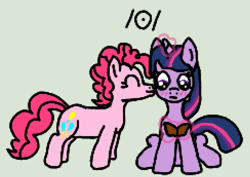 Size: 975x689 | Tagged: safe, artist:jakusi, pinkie pie, twilight sparkle, unicorn, /bale/, aggie.io, blushing, book, eyes closed, female, international phonetic alphabet, kissing, magic, magic aura, mare, sitting