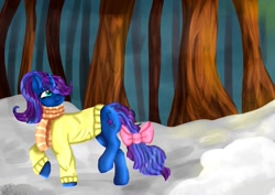 Size: 1189x841 | Tagged: safe, artist:ddsmk12, imported from derpibooru, good weather, oc, pony, unicorn, birthday, blue, bow, clothes, female, forest, grandmother, horn, park, purple, scarf, snow, solo, sweater, tail, tail bow, tree, unicorn oc, walking, white, winter