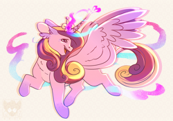 Size: 3000x2100 | Tagged: safe, artist:glitterstar2000, imported from derpibooru, princess cadance, alicorn, pony, ear fluff, female, high res, magic, mare, missing accessory, open mouth, open smile, smiling, solo, spread wings, turned head, wings