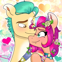Size: 2048x2048 | Tagged: safe, artist:pearl a.g, artist:pearlag, imported from derpibooru, hitch trailblazer, sunny starscout, earth pony, pony, female, flower, flower in hair, g5, heart, hug, male, mare, multicolored hair, shipping, stallion, straight, sunnyhitch